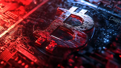 Cryptic bitcoin monolith glows across a neon circuitry sea.