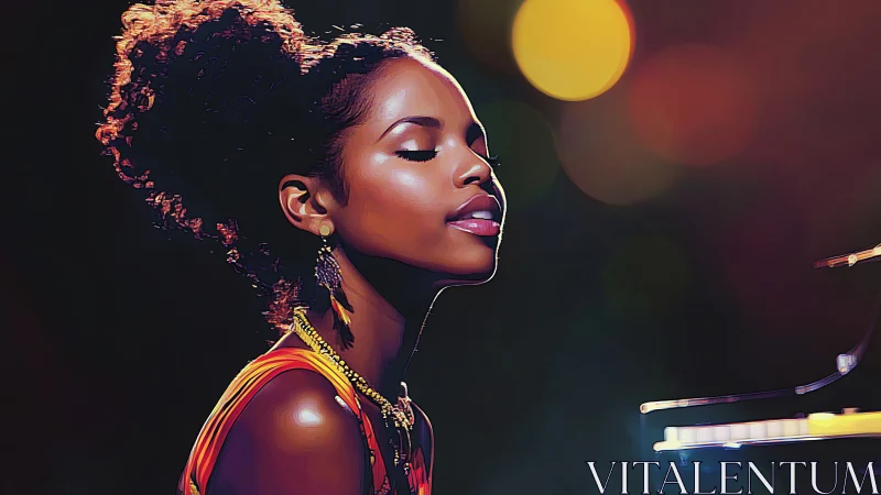 Warm jazz glow around a pianist lost in soft melody.