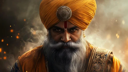 Intense warrior portrait in orange turban and armor.