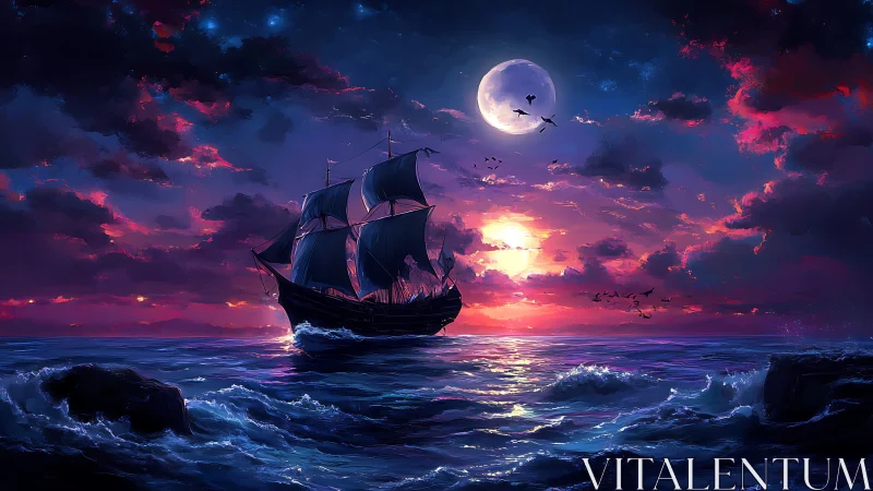 Sailing ship crosses luminous ocean under moonlit sunset