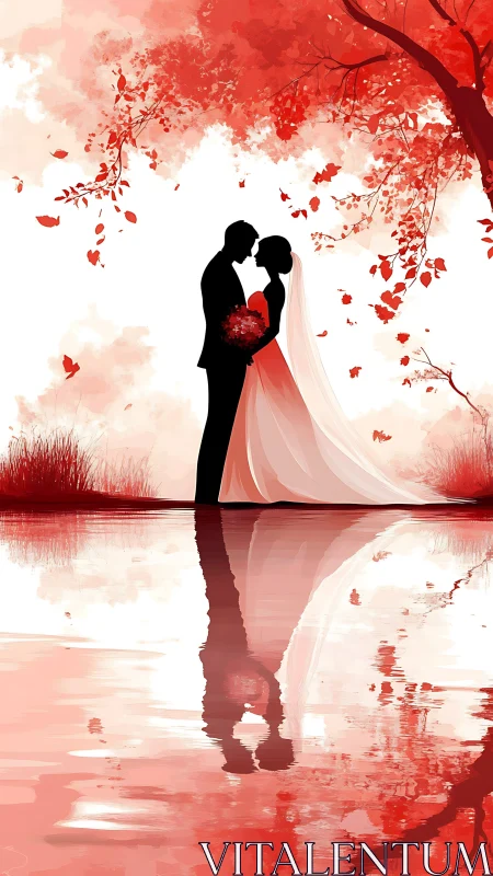 Bride Groom Embrace Red Falling Leaves Romance.