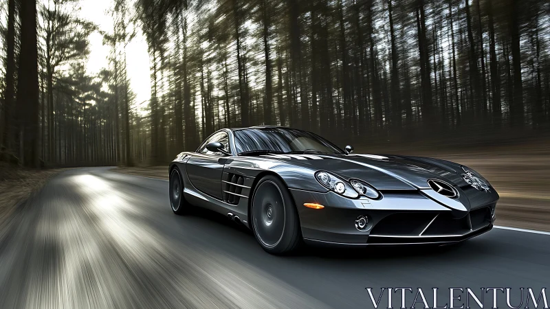 Dynamic highway shot of metallic sports coupe in motion blur.