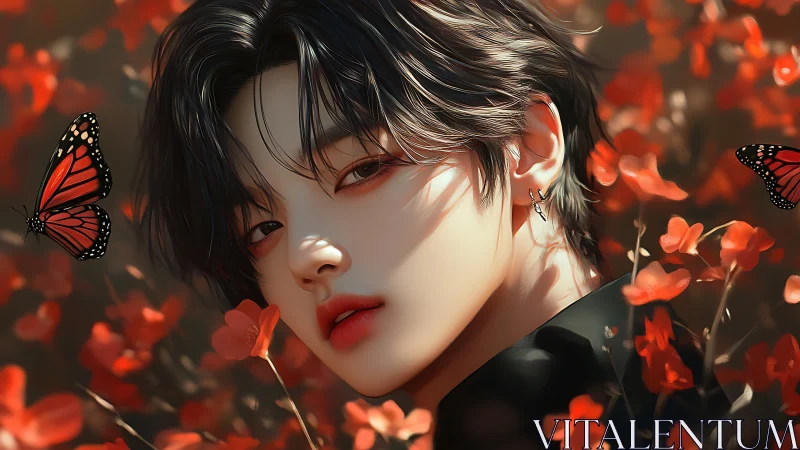 Androgynous youth among red flowers and monarch butterflies.