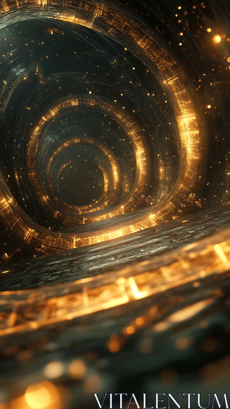 Helical quantum data tunnel with luminous golden circuitry.