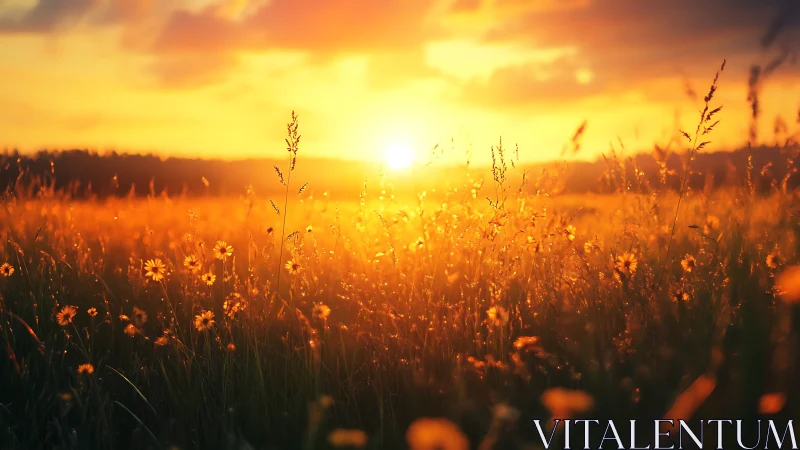 Glowing sunset washes a wildflower meadow in golden serenity