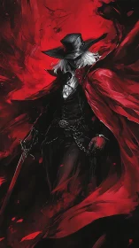 Crimson cloaked swordsman in high-contrast chiaroscuro portrait.