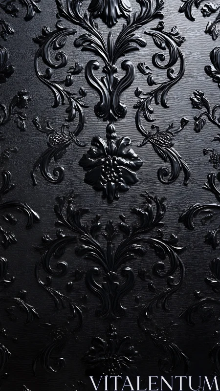 Glossy black baroque damask pattern forms ornate relief