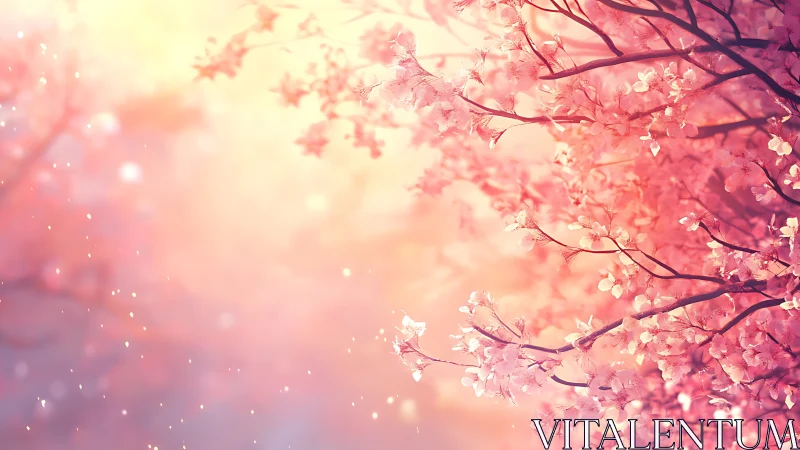 Cherry blossom branches against diffuse pastel light background.