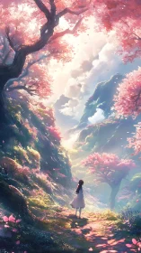 Young girl walks through luminous cherry blossom valley path