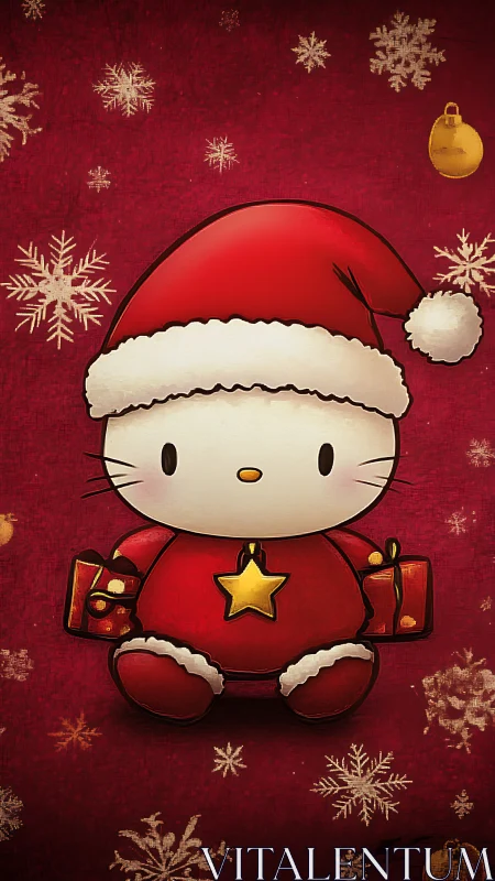 Cute cartoon cat in Santa suit holding Christmas gifts.