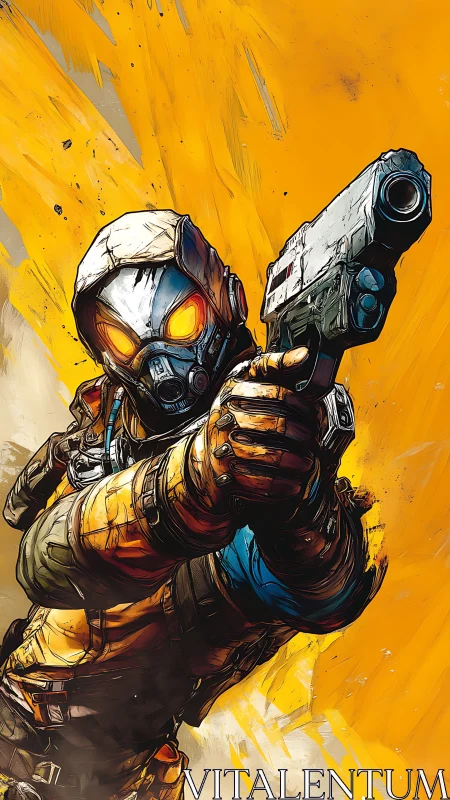 Armored sci‑fi gunner lunges forward against blazing orange.