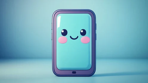 Anthropomorphic Smartphone with Kawaii Facial Features and Rounded Purple Bezel