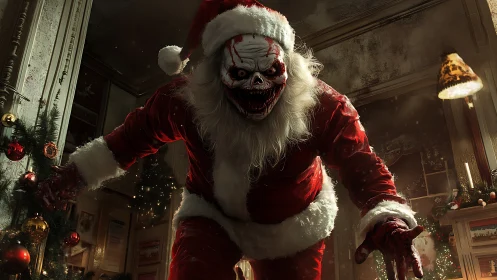 Nightmare Santa stalks a haunted Christmas living room.