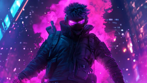 Neon city vigilante walking through electric pink smoke.