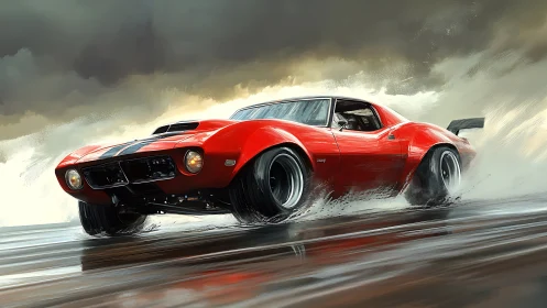 Scarlet muscle car slashes through rain-slicked storm light