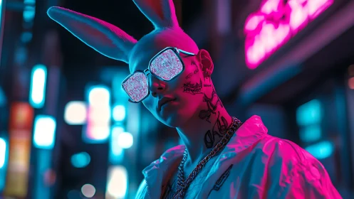 Neon-illuminated cyber bunny avatar in urban alleyway at night.
