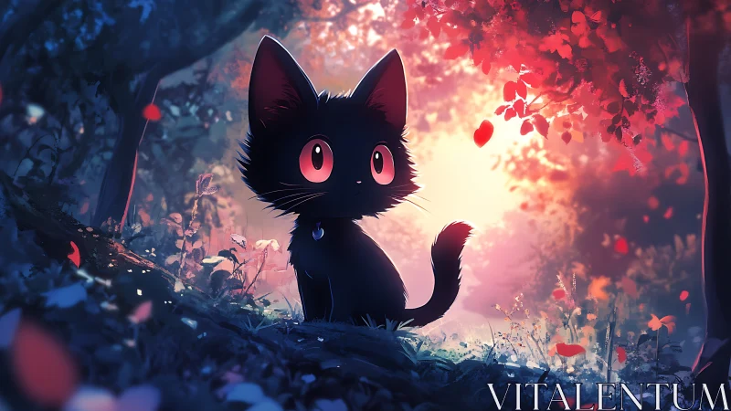 Black cat with luminous eyes surrounded by ethereal light