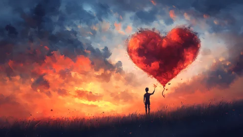 Child Clutches Burning Heart Balloon Against Sunset Blaze.