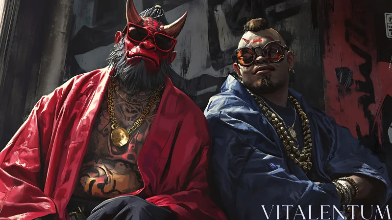 Streetwise oni duo in luxe robes and heavy gold swagger.