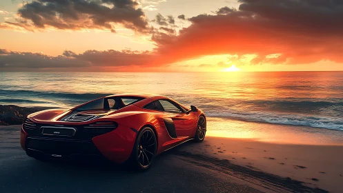 Red sports car parked on coastal beach at vivid sunset.