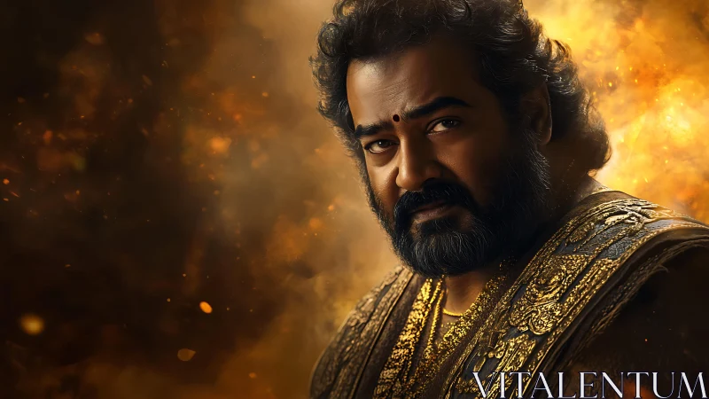 Regal warrior gazes through glowing embers and shadowed fire.