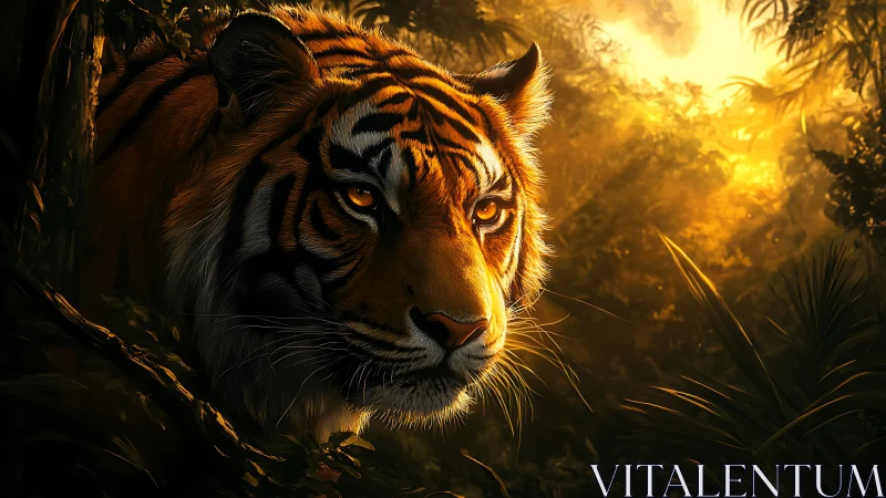 Backlit tiger emerging from jungle canopy in cinematic chiaroscuro