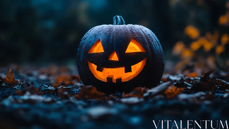 Rain-kissed jack-o-lantern grinning through blue dusk glow.
