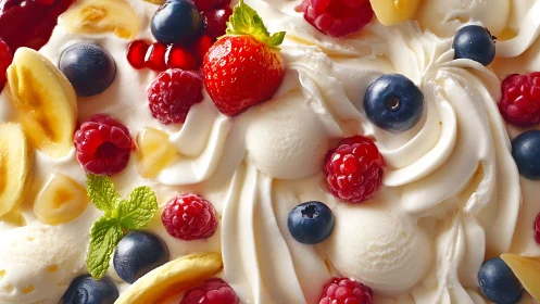 Mixed berry and banana dessert over whipped cream swirl.