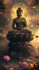Seated Buddha statue on lotus above reflective water surface.