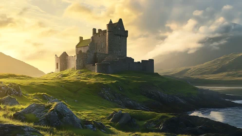 Ancient Scottish Castle Bathed in Golden Highland Light.