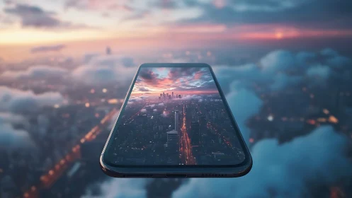 Skyline portal phone drifting above cloudlit city dusk.