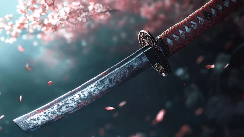 Cherry blossom katana suspended in drifting petals.