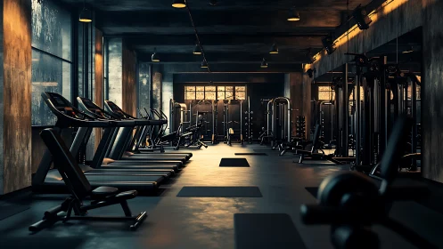 Modern industrial gym interior with treadmills and machines.
