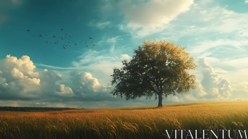 Lone Tree in Golden Field Under Dramatic Sky, Realistic Artwork.