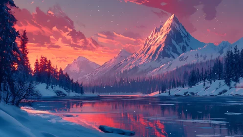 Alpenglow-lit winter peak reflecting in still subarctic lake