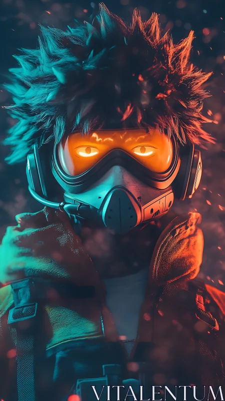 Cyberpunk survivor with respirator mask and neon rim lighting