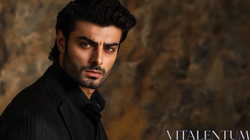 Serious dark haired man in black suit against warm backdrop.