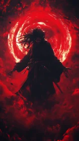 Silhouetted figure before circular red energy field.