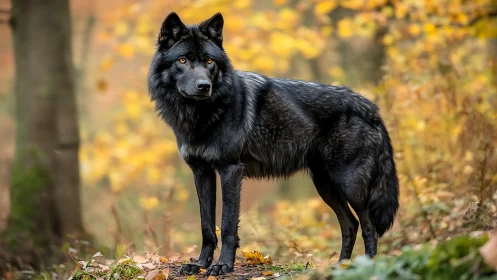 Midnight coated wolf pausing softly in golden autumn woods.