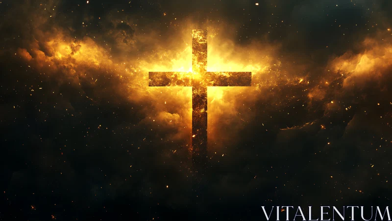 Burning golden cross carves light through stormy cosmos