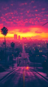 Neon gradient boulevard at dusk facing distant city skyline