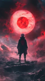 Backlit anime figure studies massive red celestial eclipse sphere