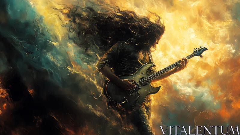 Guitarist plays electric guitar silhouetted in swirling light