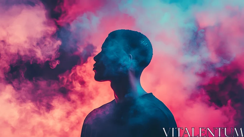 Silhouetted man stands in neon smoke with moody contrast
