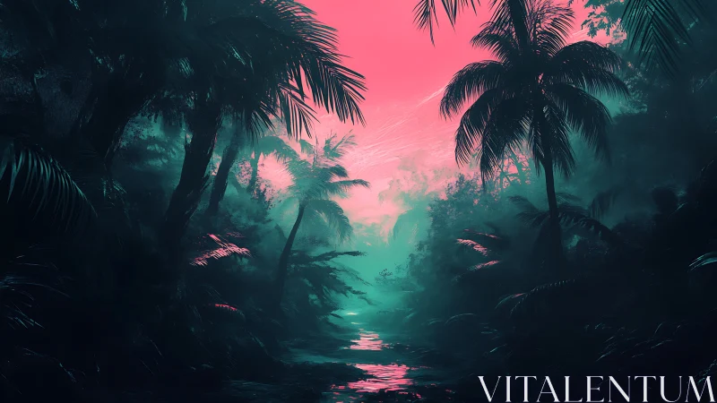 Tropical Jungle Pathway Under Surreal Pink Sky