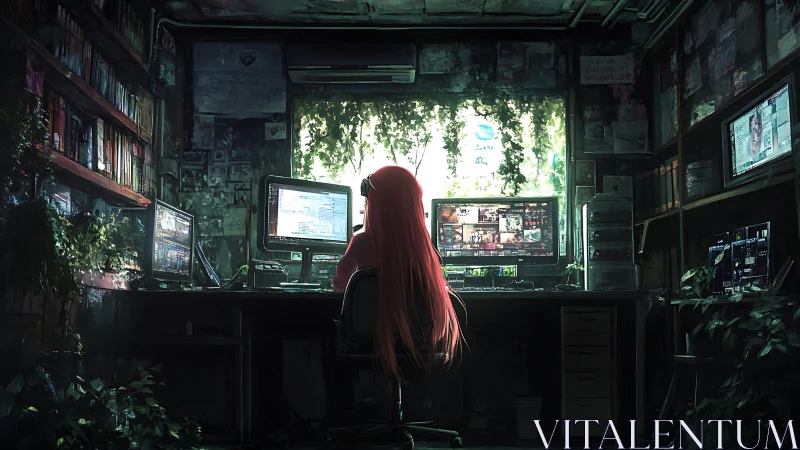 Solitary red haired analyst in overgrown multi screen room.