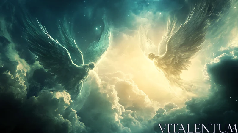 Celestial duel of radiant angels amid stormlit heavens.