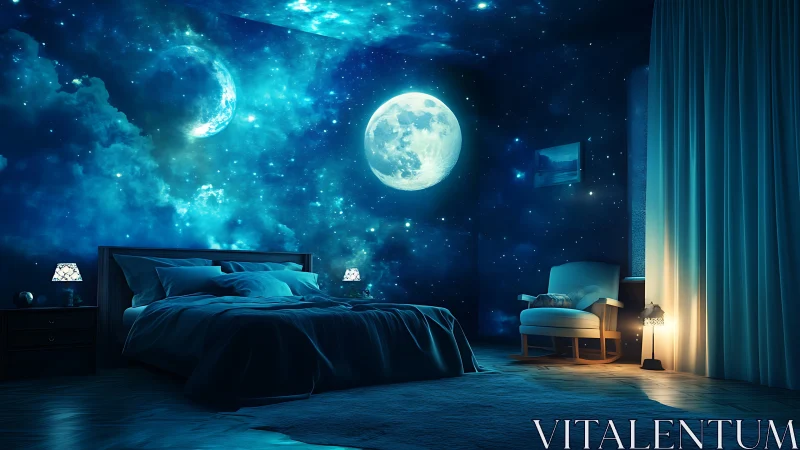 Cozy moonlit bedroom wrapped in dreamy starry night sky.
