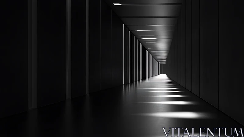 3D minimal corridor with linear light bands and deep vanishing point.