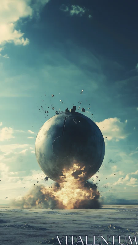Giant metallic sphere detonates over barren desert plain.